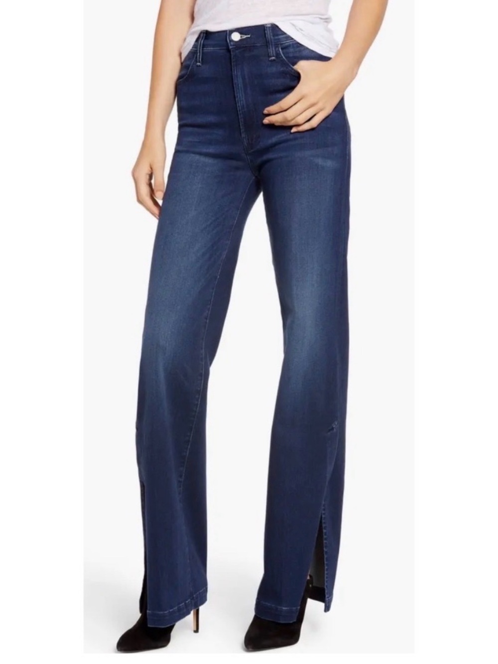 MOTHER The Hustler Sidewinder Wide Leg High-Rise Jeans with Hem Slits
